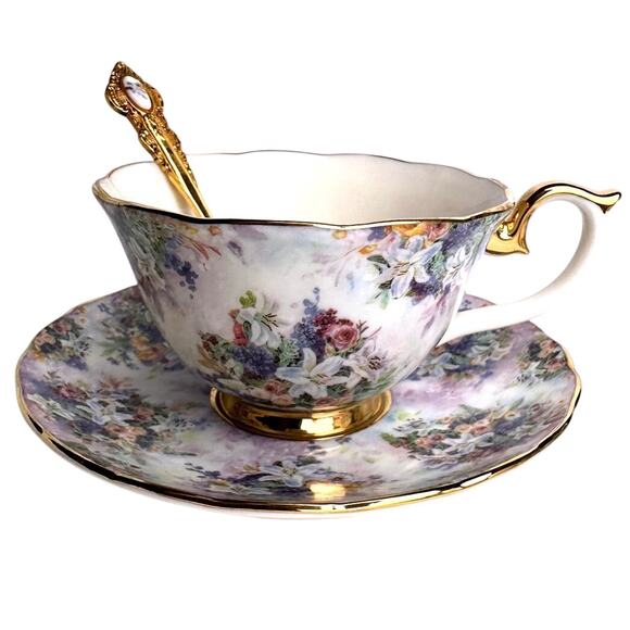 Bradford Editions “Everlasting” Lena Liu Teacup & Saucer with Gold Spoon - Picture 1 of 3